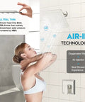 8 Inch Rainfall Shower Head Shower Faucet Set With 3 Way Valve And Brushed Nickel Trim No Fuss Easy Install Single Function Shower System For Modern Bathrooms. Woman enjoying shower under square head