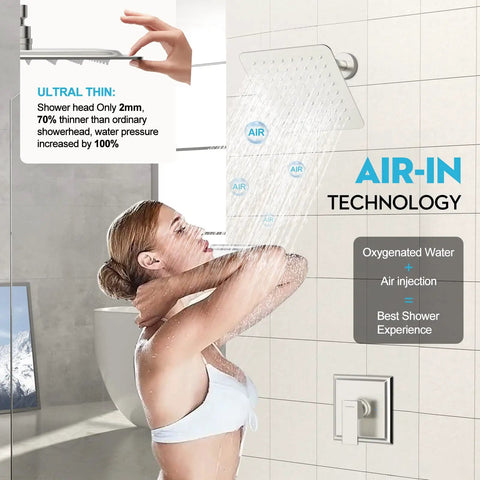 8 Inch Rainfall Shower Head Shower Faucet Set With 3 Way Valve And Brushed Nickel Trim No Fuss Easy Install Single Function Shower System For Modern Bathrooms. Woman enjoying shower under square head