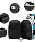 Unisex Minimal Wave Art Backpack In Cobalt Blue open showing internal pockets for 15-inch laptops, pens, and accessories