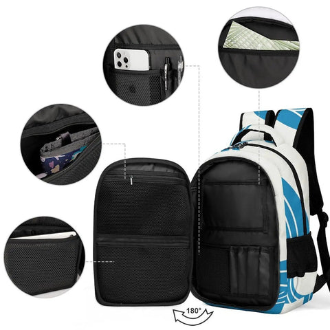 Unisex Minimal Wave Art Backpack In Cobalt Blue open showing internal pockets for 15-inch laptops, pens, and accessories