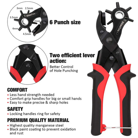 Heavy Duty Leather Hole Punch Set With Rotary Puncher Multi Size Belt Hole Maker Kit, ergonomic grips, 6 punch sizes shown