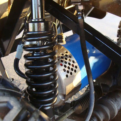 Snag This High Performance 72 Volt Electric Car Motor Rated At 11 Peak HP And 25 MPH Smooth Cruising Built Tough In USA With Heavy Duty Copper Windings For Superior Thermal Management And Quick Swap Installation That Keeps You Behind The Wheel Without, showing blue motor and spring.