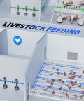 Diagram of livestock feeding system showing chickens and pigs with automated water lines and feeders.