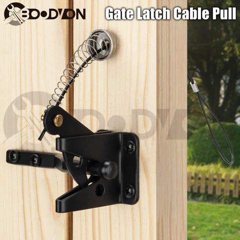 Built Tight Smooth Pull Adjustable Gate Latch Cord With Spring, Heavy Duty Stainless Steel Safety Cable Opener on wood fence.
