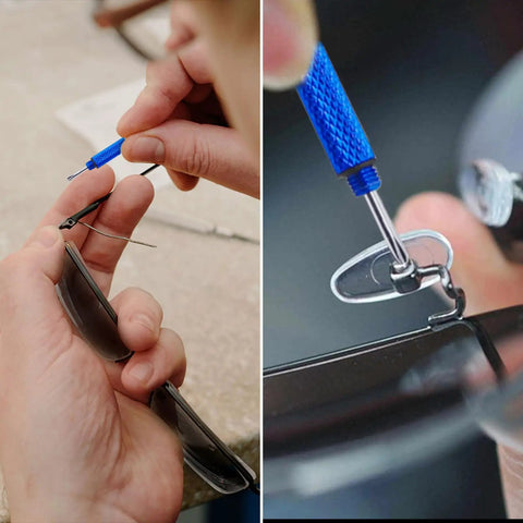 Five Color Mini Eyeglass Screwdriver Set With Non Slip Handles in use fixing eyewear hinge, close-up view