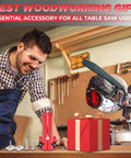 Saker red thin rip jig for table saw, fits 3/4 x 3/8 slots, with scale and knobs on a woodworking workbench.