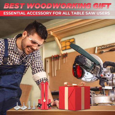 Woodworker with thin rip jig table saw guide, gift box, and saw in workshop