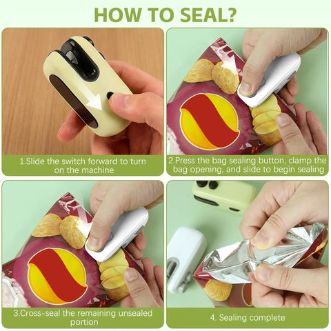 How to use 2 Pack Rechargeable 2 In 1 Mini Bag Sealer And Cutter Grab And Go Portable Resealer Machine for chips and snacks sealing