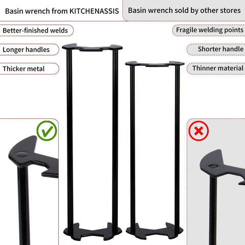 Comparison of two black metal basin wrenches, highlighting better-finished welds, longer handles, and thicker metal on the left.