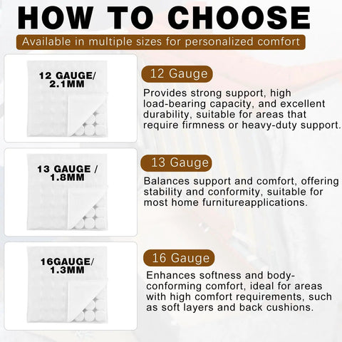 Image showing gauge options for Top Shelf Heavy Duty Five Piece Pocket Coil Spring Set With Hog Rings for sofa repair.