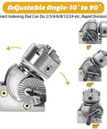 Top Shelf Six Inch Cast Iron Dividing Head Set With Three Jaw Chuck Precision Rotary Index Plates Tailstock For Cnc Milling Woodworking Workflows No Sweat Calibration adjustable between 10 to 90 degrees shown.