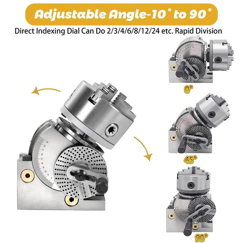 Top Shelf Six Inch Cast Iron Dividing Head Set With Three Jaw Chuck Precision Rotary Index Plates Tailstock For Cnc Milling Woodworking Workflows No Sweat Calibration adjustable between 10 to 90 degrees shown.