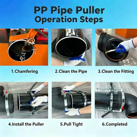 Image showing PP pipe puller operation steps using Heavy Duty Ratchet Pipe Puller With Anti Jam Clamp For Sewer Drainage And Construction