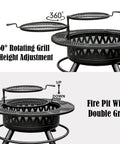 360-degree rotating grill with height adjustment on 42 Inch Outdoor Fire Pit Table With Dual Grills And Lid For Bonfires, Camping, Picnics.