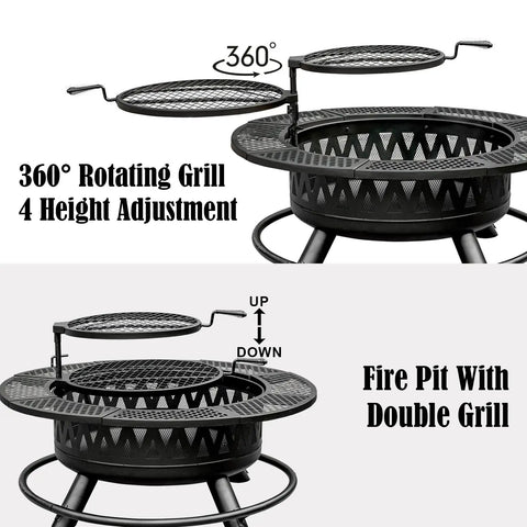360-degree rotating grill with height adjustment on 42 Inch Outdoor Fire Pit Table With Dual Grills And Lid For Bonfires, Camping, Picnics.