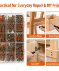 Flat Head Wood Screw Kit M4 250 PC Set in clear box with images of DIY repairs and woodworking projects.