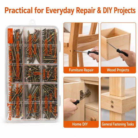 Flat Head Wood Screw Kit M4 250 PC Set in clear box with images of DIY repairs and woodworking projects.