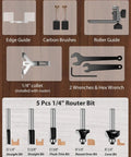 Beefy 630W Wood Router Tool attachments including edge guide, carbon brushes, roller guide, collet, wrenches, and 5 router bits.