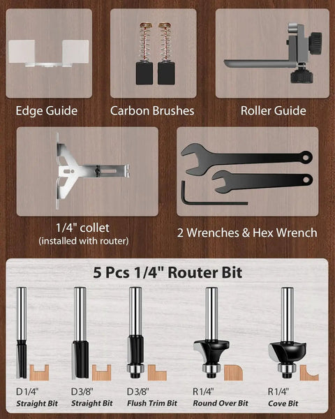 Beefy 630W Wood Router Tool attachments including edge guide, carbon brushes, roller guide, collet, wrenches, and 5 router bits.