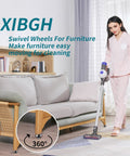 Woman vacuuming around a couch with Low Profile 1 Inch Caster Wheels For Kitchen Appliances, 360 Degree Swivel Universal Rollers installed.