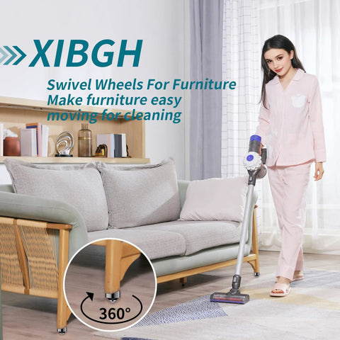 Woman vacuuming around a couch with Low Profile 1 Inch Caster Wheels For Kitchen Appliances, 360 Degree Swivel Universal Rollers installed.