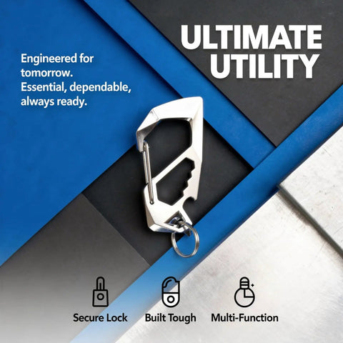 Stainless Steel Go-To Multi-Tool Carabiner With CNC Milled Quick Release Locking Hook, Bottle Opener, Box Cutter And Screwdriver