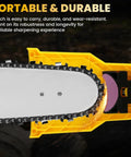Close-up of chainsaw being sharpened with Universal Chainsaw Sharpener Kit With 12 Sharpening Stones And One Preinstalled Stone