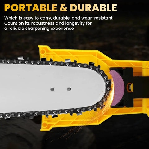 Close-up of chainsaw being sharpened with Universal Chainsaw Sharpener Kit With 12 Sharpening Stones And One Preinstalled Stone