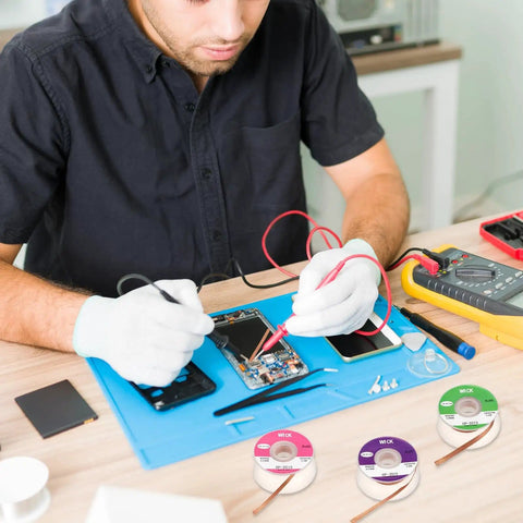Technician using Six Pack No Clean Desoldering Wick Set With Flux For Easy Solder Removal And Electronics Repair And Disassembly Copper