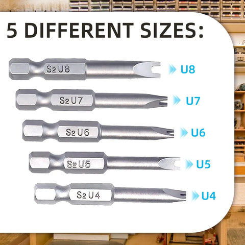 Straight Up Killer S2 Steel Spanner Screwdriver Bit Set 10 Piece Includes U4 U5 U6 U7 U8 Sizes With Hard As Nails Quarter Inch Hex Shank Built Heavy Duty U shaped bits display.
