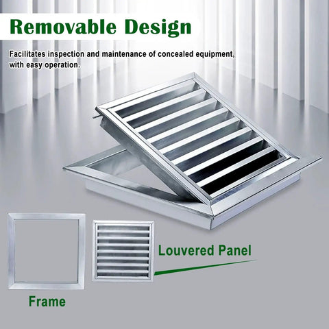 Heavy Duty Removable Access Panel With Detachable Hatch And Louvered Gable Vent For House Wall Or Workshop Stainless Steel 26x35 Inch showing louvered design and frame.