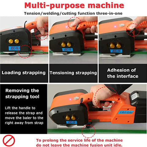 Electric Strapping Kit For 9 To 16Mm Plastic Bands With 4000Mah Battery powered tool demonstrating loading, tensioning, and cutting functions.