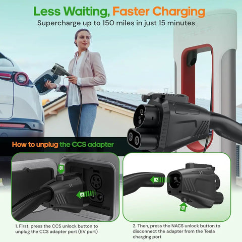 Woman unplugging Universal Nacs To Ccs Adapter for Tesla Supercharger at charging station, showcasing DC fast charging features.
