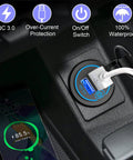Dual Quick Charge 3.0 Auto Charger With Responsive Touch Switch Plus 12V Accessory Socket waterproof build for smartphones, charging in vehicle.