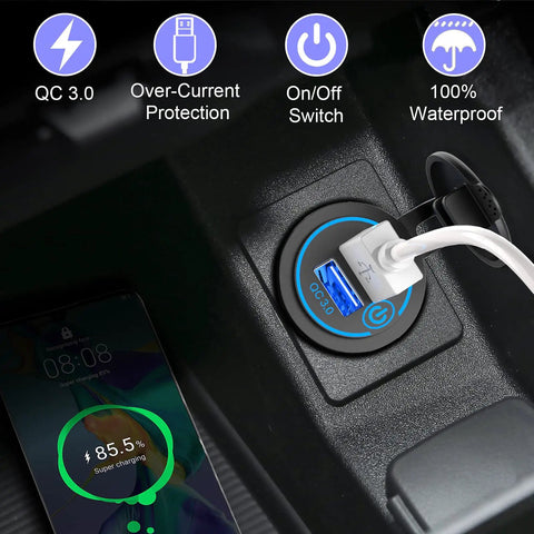 Dual Quick Charge 3.0 Auto Charger With Responsive Touch Switch Plus 12V Accessory Socket waterproof build for smartphones, charging in vehicle.