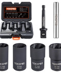 Lug Nut Removal Tool Kit For Damaged Frozen Rusted Nuts And Bolts, Six Piece Half Inch Drive Impact Twist Socket Set With 17mm, 19mm, 21mm And 22mm Sockets, Hex Adapter And Knockout Pin, Heavy Duty Cr-Mo Steel By YEKEPRO.