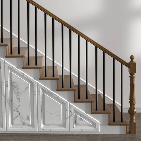 Straight Up Premium Aluminum Deck Balusters 51 Pack, 36 Inch Round Stair Spindles mounted on wooden staircase.