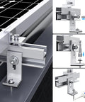 Heavy Duty Roof Solar Panel Mounting Bracket Kit For 1 To 4 Panels With Ten 6 Inch Rails And Four Water Drain Clips Fits Shingle Slate Metal And Tin Roofs Supports 1.4 Inch Thick Panels Easy Install Built To Last, shown with installation details on a panel edge.