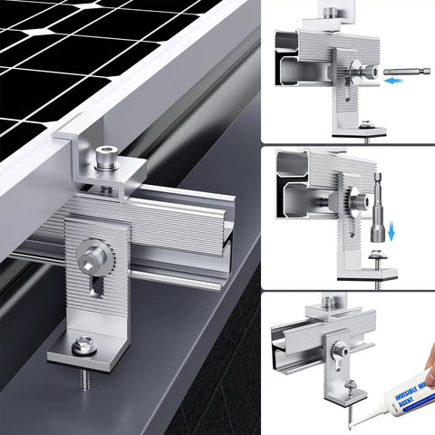 Heavy Duty Roof Solar Panel Mounting Bracket Kit For 1 To 4 Panels With Ten 6 Inch Rails And Four Water Drain Clips Fits Shingle Slate Metal And Tin Roofs Supports 1.4 Inch Thick Panels Easy Install Built To Last, shown with installation details on a panel edge.