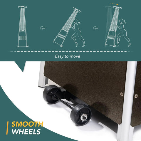 Close-up of bronze patio heater wheels, showcasing mobility for outdoor pyramid patio heater with 48000 BTU propane heat backyard ready.