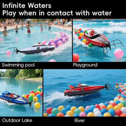 High Speed RC Boat For Pool And Lake With 2.4Ghz Remote 120 Minutes Playtime LED Lights shown in various water settings
