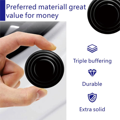 Heavy Duty Silicone Car Door Dampers 20 Pack Self Adhesive Anti Slam Bumper Pads Universal Beater Tough Side Protectors Road Ready Closure Cushioning Black, finger holding round pad