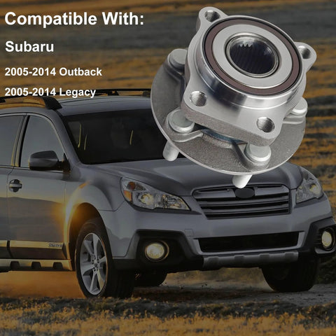 Beefy Front Wheel Hub and Bearing Assembly Set for 2005 to 2014 Outback and Legacy with 5 Lug Bolts and ABS shown next to compatible car