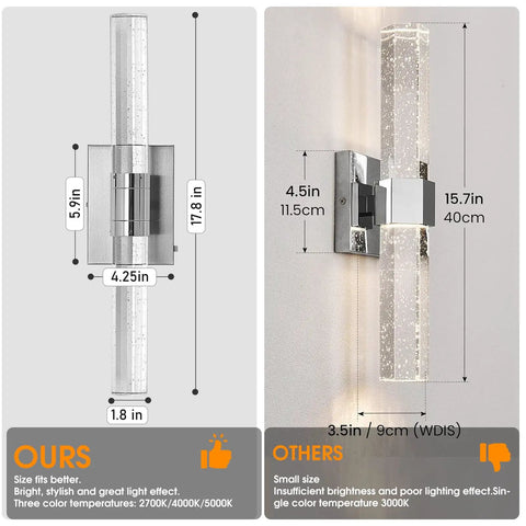 Comparison of Modern LED Wall Sconce With Crystal Post 2700K 4000K 5000K Adjustable Color Temperature Brushed Nickel Vanity Light.