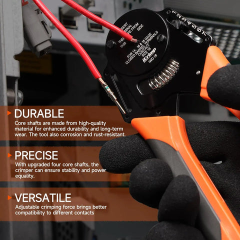 Close-up of hands using Deutsch 4 Indent 8 Impression Ratchet Crimp Tool Kit for Solid Contacts 14 16 and 18 Gauge DT Connectors.