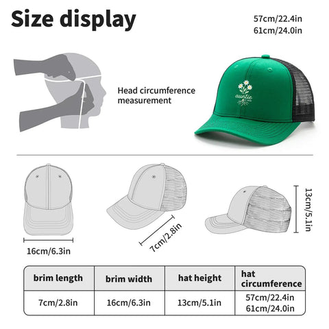 Size guide for Green Trucker Cap For Men With Funny Design, adjustable fit, showing dimensions and head circumference measurement.