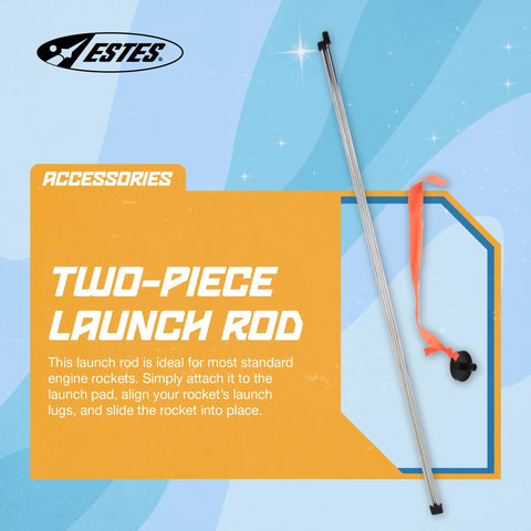 One Eighth Inch Two-Piece Model Rocket Launch Rod For Standard Engines, shown with orange attachment and blue background