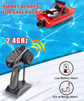 Beast High Speed RC Jet Boat With Auto Flip And Dual Batteries shown with 2.4Ghz remote control on a pool surface.