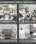 Heavy Duty 8X24 Inch Benchtop Metal Lathe Workhorse 1100W Brushless Gearless Motor 50 2500 Rpm No Sweat Metric Inch Switching Pro Level showing precise metric scale and 4-way tool post.
