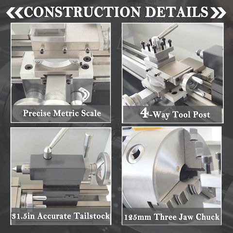 Heavy Duty 8X24 Inch Benchtop Metal Lathe Workhorse 1100W Brushless Gearless Motor 50 2500 Rpm No Sweat Metric Inch Switching Pro Level showing precise metric scale and 4-way tool post.